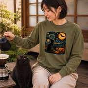 Starry Night Cat 星月夜の黒猫 ロンT 長袖Tシャツ|フロントプリント