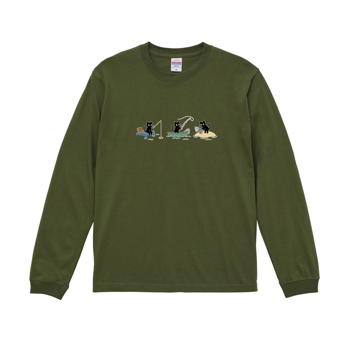 猫 長袖Tシャツ|釣り黒猫 イラスト |ねこ ロンT メンズ レディース S-2XL