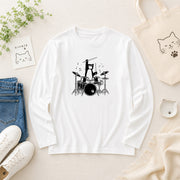 猫 長袖Tシャツ|ドラム猫イラスト|ねこ ロンT メンズ レディース S-2XL