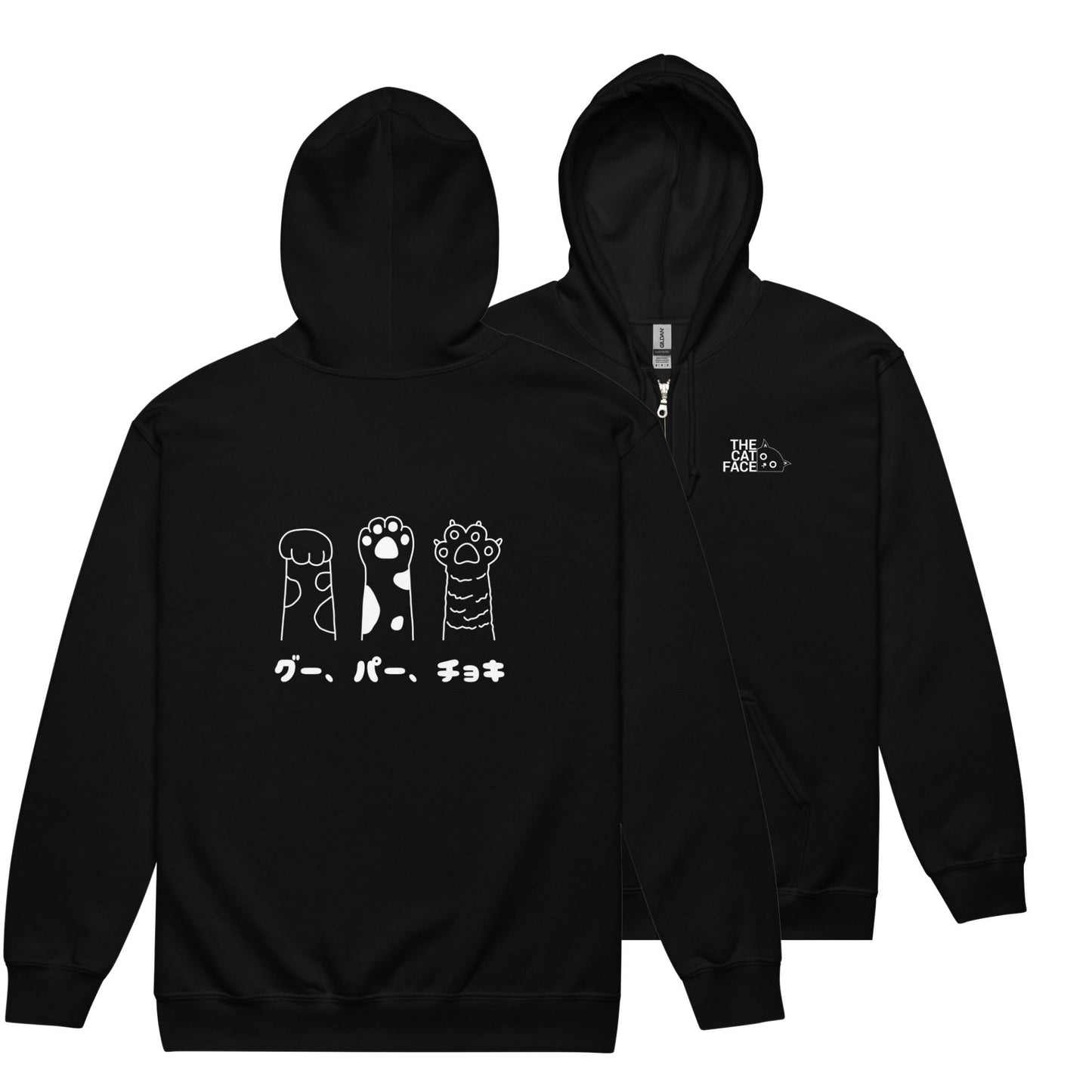 猫 フルジップ パーカ ねこ かわいい 猫イラスト The Cat Face & グー、パー、チョキ |フロント&バックプリント.