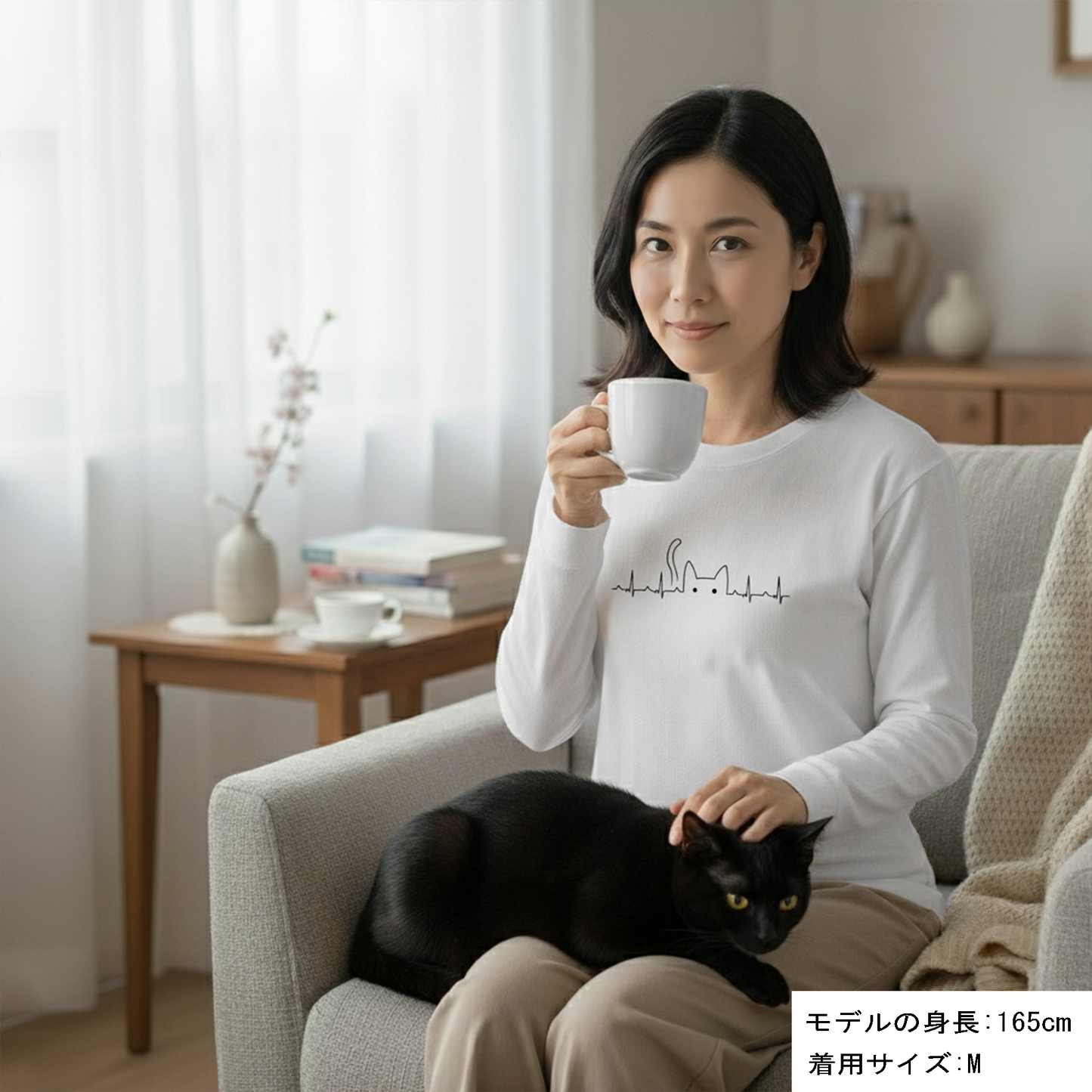 猫 ロン t 猫 長袖 t シャツ ねこ 猫イラスト ハートビート 心電図