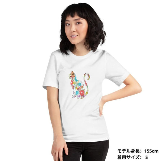 猫tシャツ ねこ 猫イラスト FLOWER CAT|アダルト&キッズサイズ.