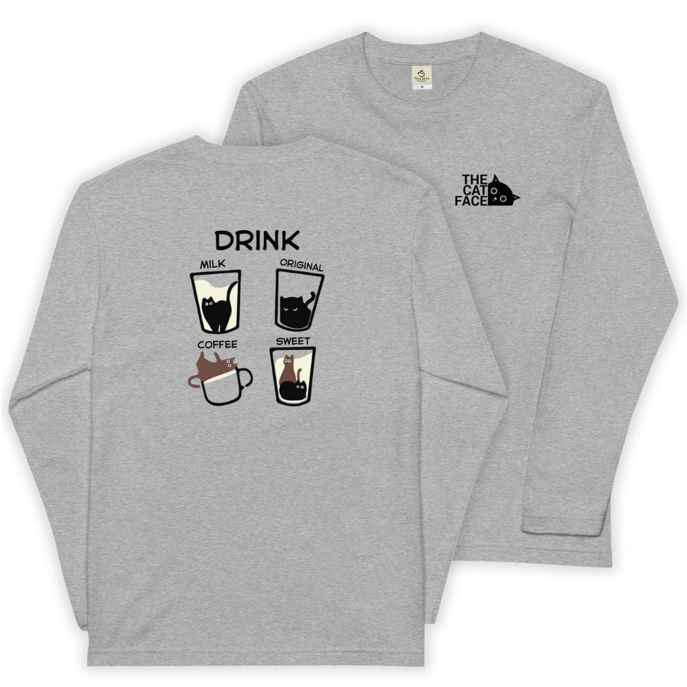 猫 ロン t 猫 長袖 t シャツ ねこ 猫イラスト The Cat Face & ドリンクネコ| フロント&バックプリント.