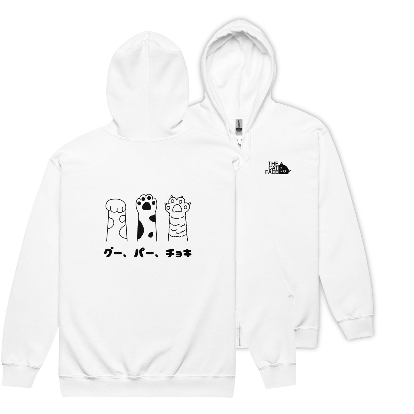 猫 フルジップ パーカ ねこ かわいい 猫イラスト The Cat Face & グー、パー、チョキ |フロント&バックプリント.