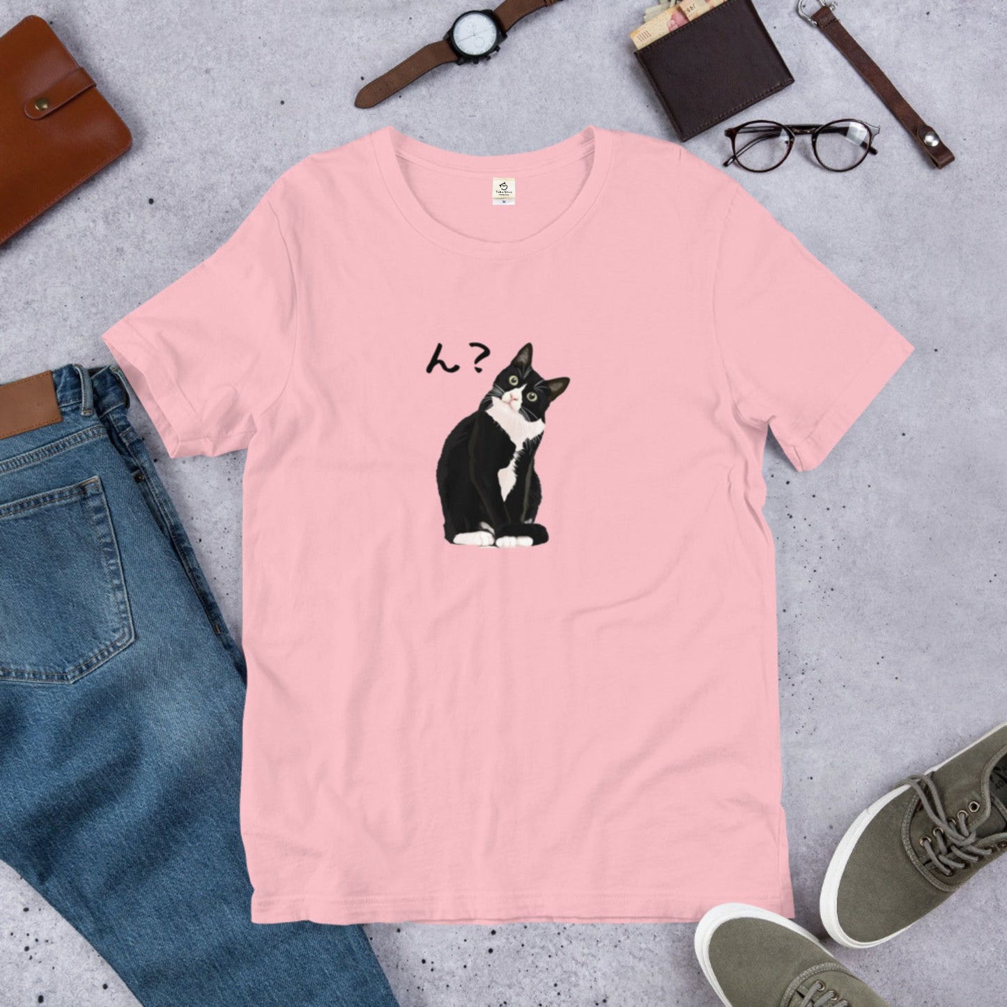 猫tシャツ ねこ 猫イラスト ハチワレ猫 ん?|アダルト&キッズサイズ