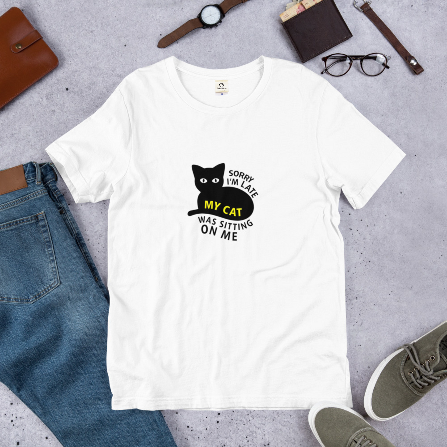 猫tシャツ ねこ 猫イラスト Sorry i'm late, my cat was sitting on me|アダルト&キッズサイズ.
