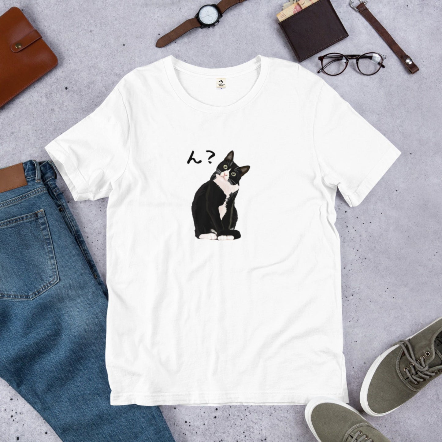 猫tシャツ ねこ 猫イラスト ハチワレ猫 ん?|アダルト&キッズサイズ.