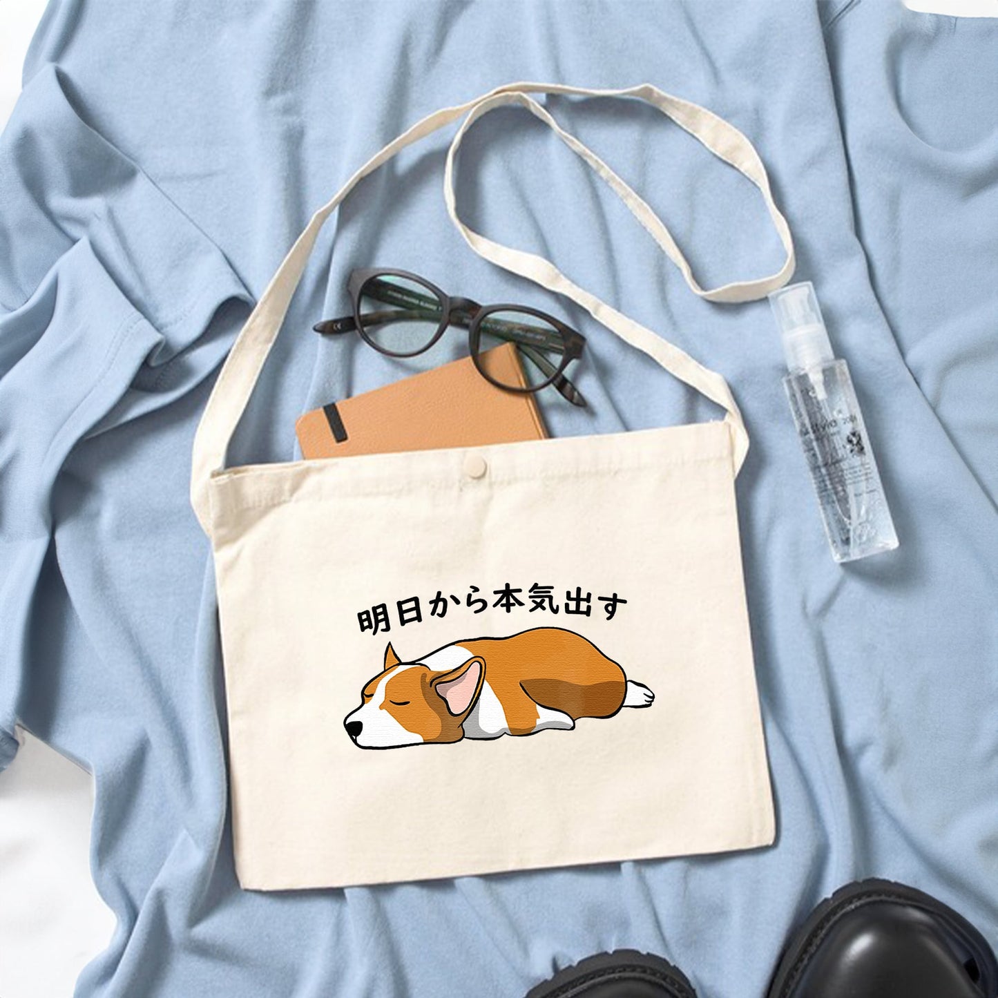 犬イラスト レギュラー キャンバス サコッシュ Corgi犬 明日から本気出す