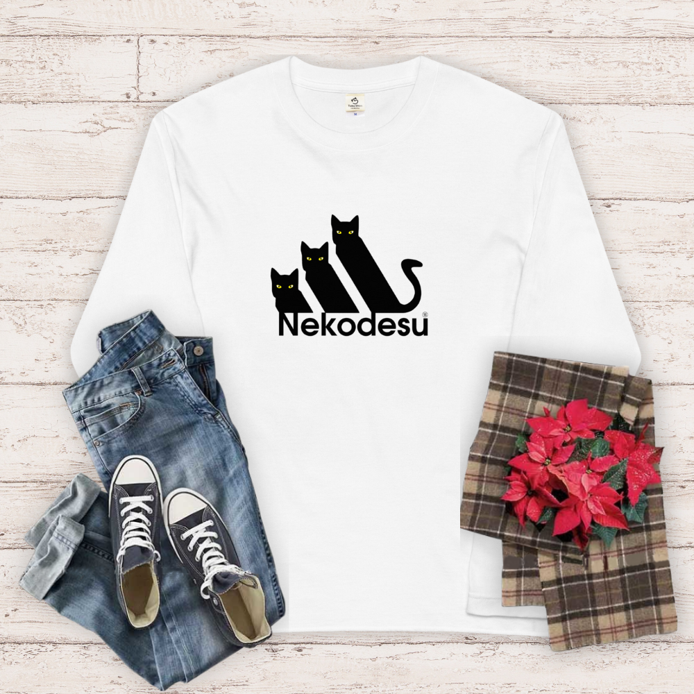 猫 ロン t 猫 長袖 t シャツ ねこ 猫イラスト Nekodesu & ニャンモナイト|フロント&バックプリント.