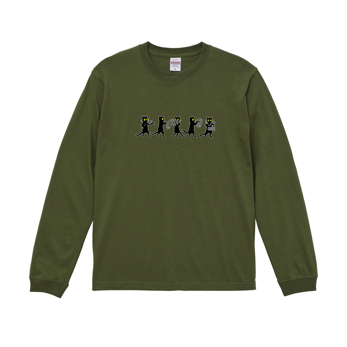 猫 長袖Tシャツ|黒猫 音楽隊 イラスト|ねこ ロンT メンズ レディース S-2XL
