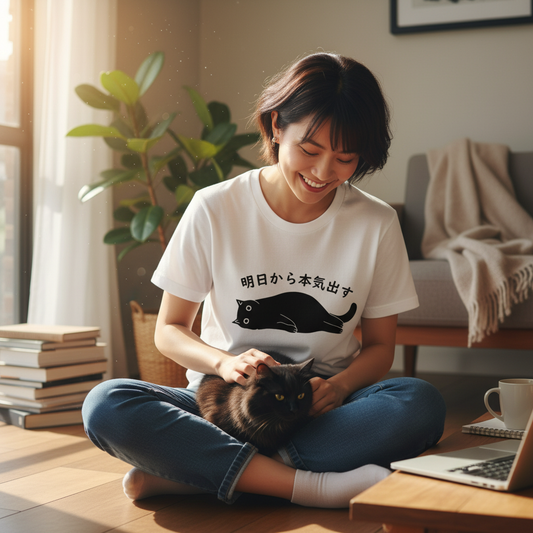 猫Tシャツ「明日から本気出す」|おもしろ&かわいい猫イラスト|アダルト/キッズ対応|SNSで話題!思わず笑顔に♪