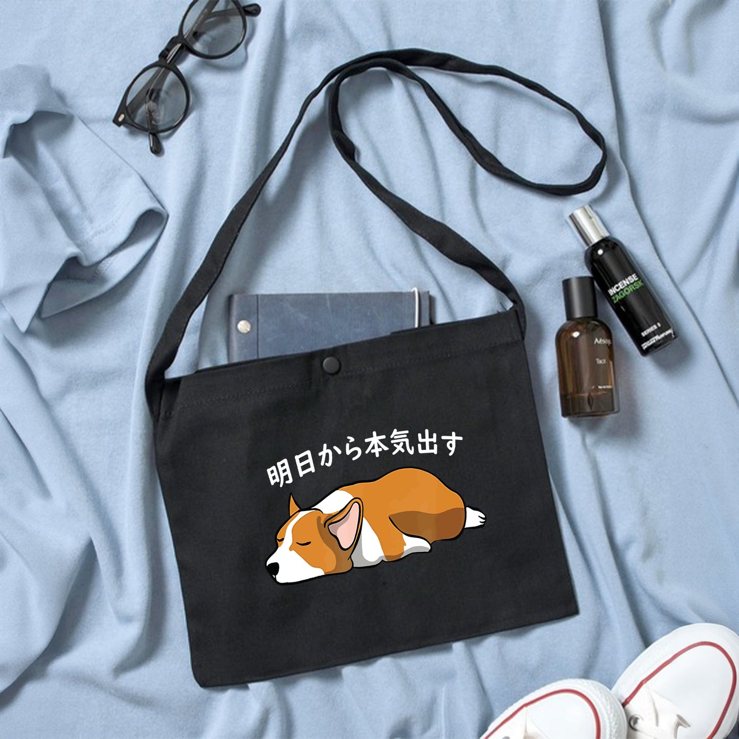 犬イラスト レギュラー キャンバス サコッシュ Corgi犬 明日から本気出す