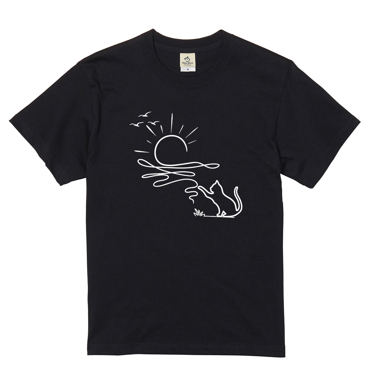 猫と毛糸の夕日 Line Art Tシャツ | 猫好き・おしゃれ・ナチュラルに人気