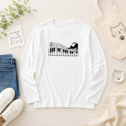 猫 長袖Tシャツ|ピアノ猫イラスト|ねこ ロンT メンズ レディース S-2XL