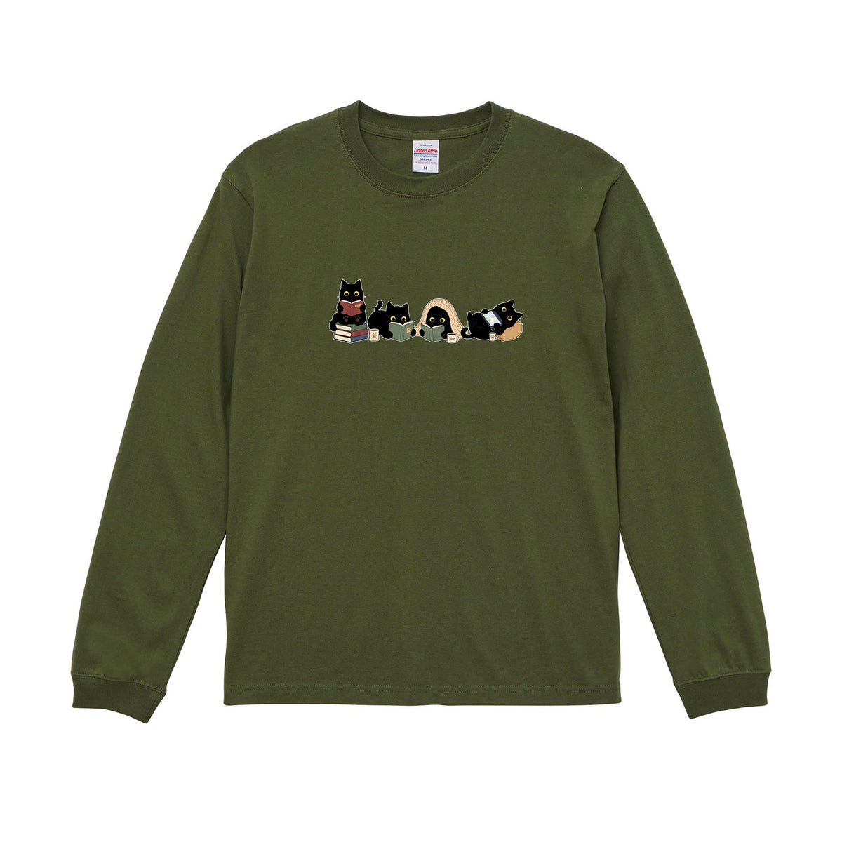 猫 長袖Tシャツ|読書黒猫 イラスト|ねこ ロンT メンズ レディース S-2XL