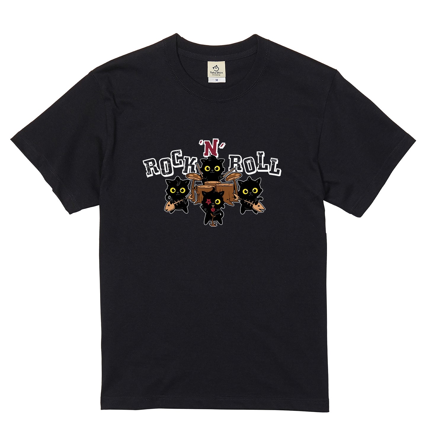 ROCK 'N' ROLL 黒猫バンド Tシャツ | 猫好き・ロック・音楽好きに人気