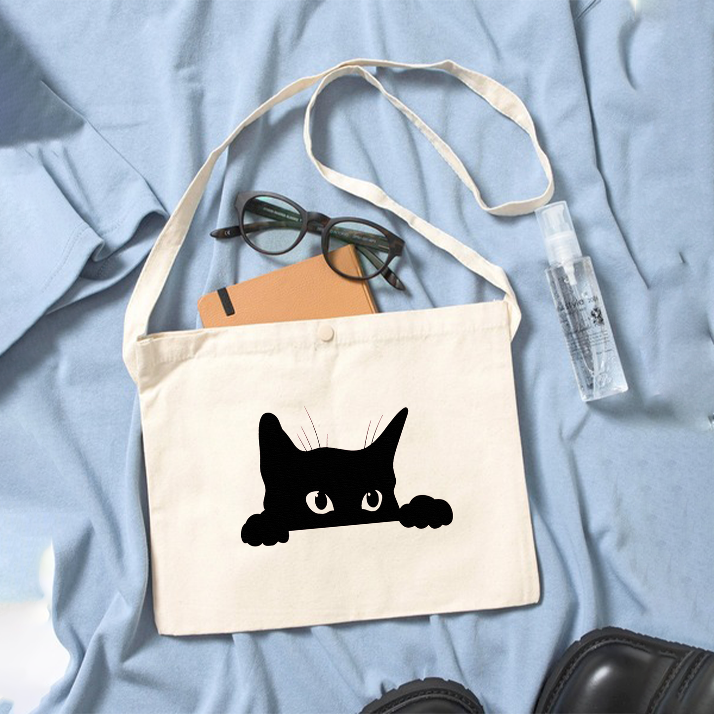 猫イラスト レギュラー キャンバス サコッシュ 可愛い猫が頭を出した