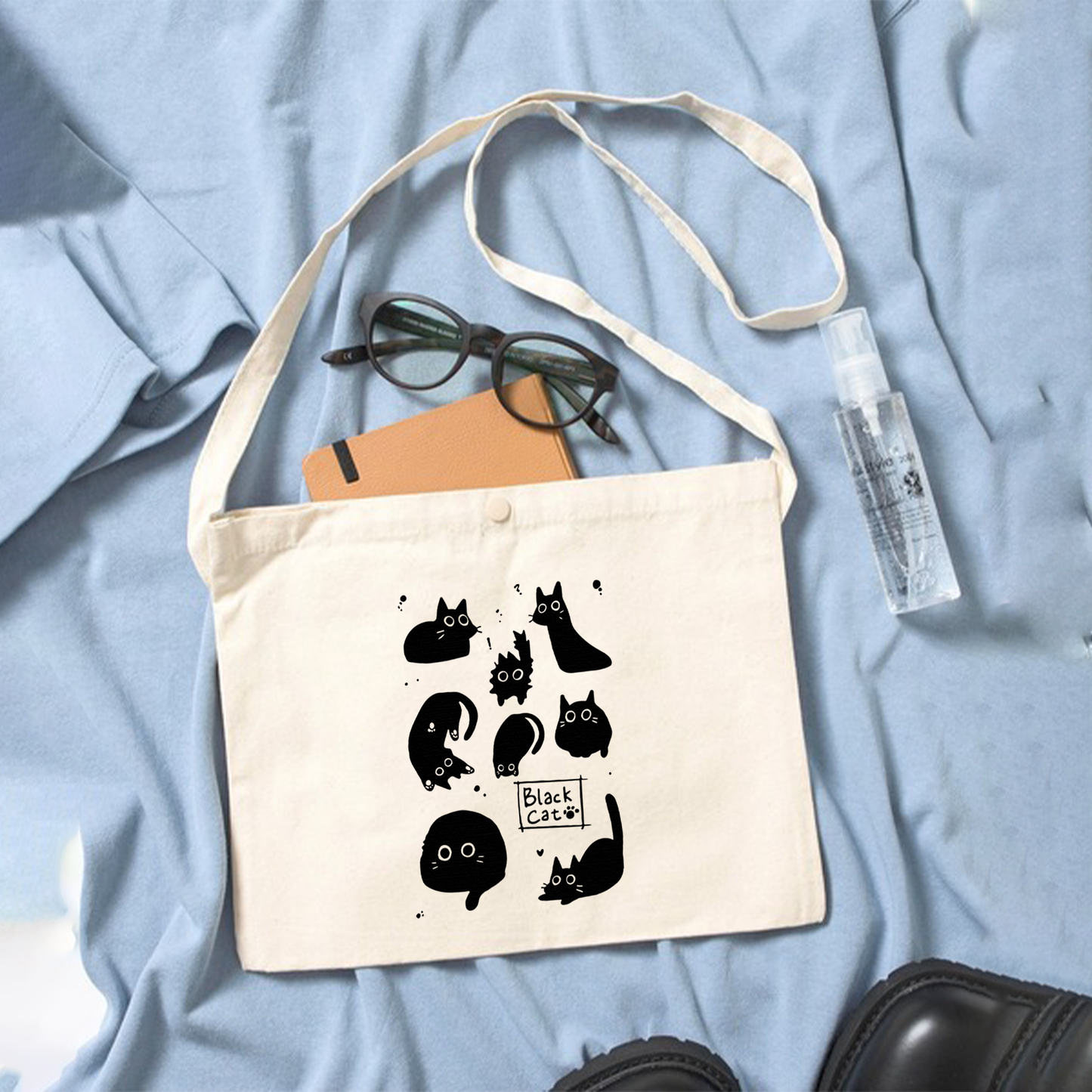 猫イラスト レギュラー キャンバス サコッシュ Black Cat 黒猫