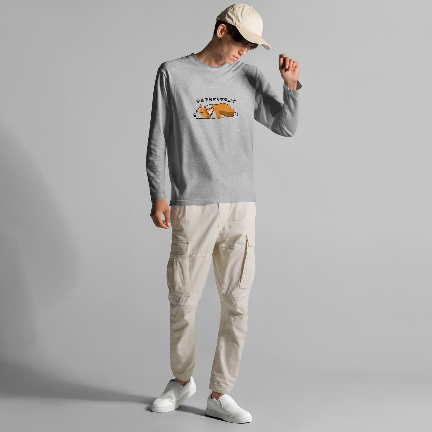 犬 ロン t 長袖tシャツ いぬ 犬イラスト Corgi犬 来月下旬から本気出す.