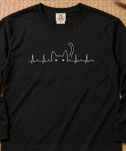Cat Heartbeat Pulse Line 心電図風猫シルエットデザイン | 長袖Tシャツ | フロントのみプリント