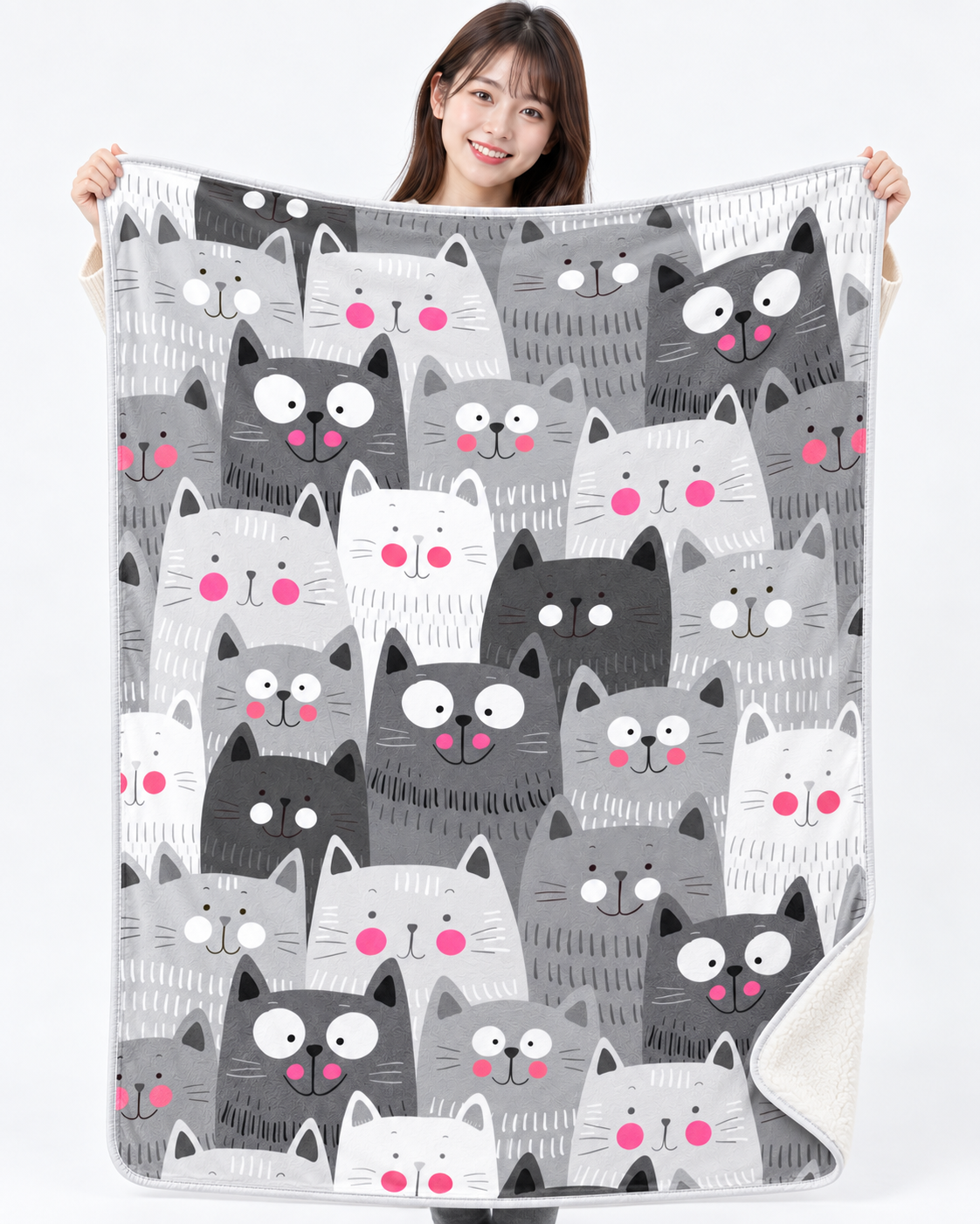 Cute Grey Cats Pattern かわいい猫ちゃん総柄 ブランケット ひざ掛け