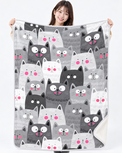 Cute Grey Cats Pattern かわいい猫ちゃん総柄 ブランケット ひざ掛け