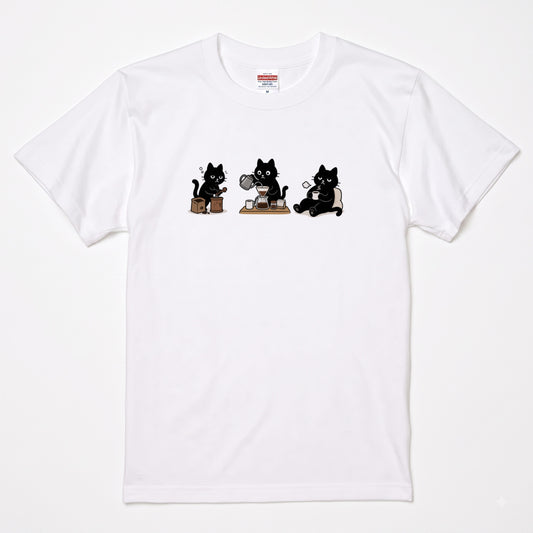 Coffee Time Cat コーヒーを楽しむ黒猫デザイン | Tシャツ | フロントのみプリント