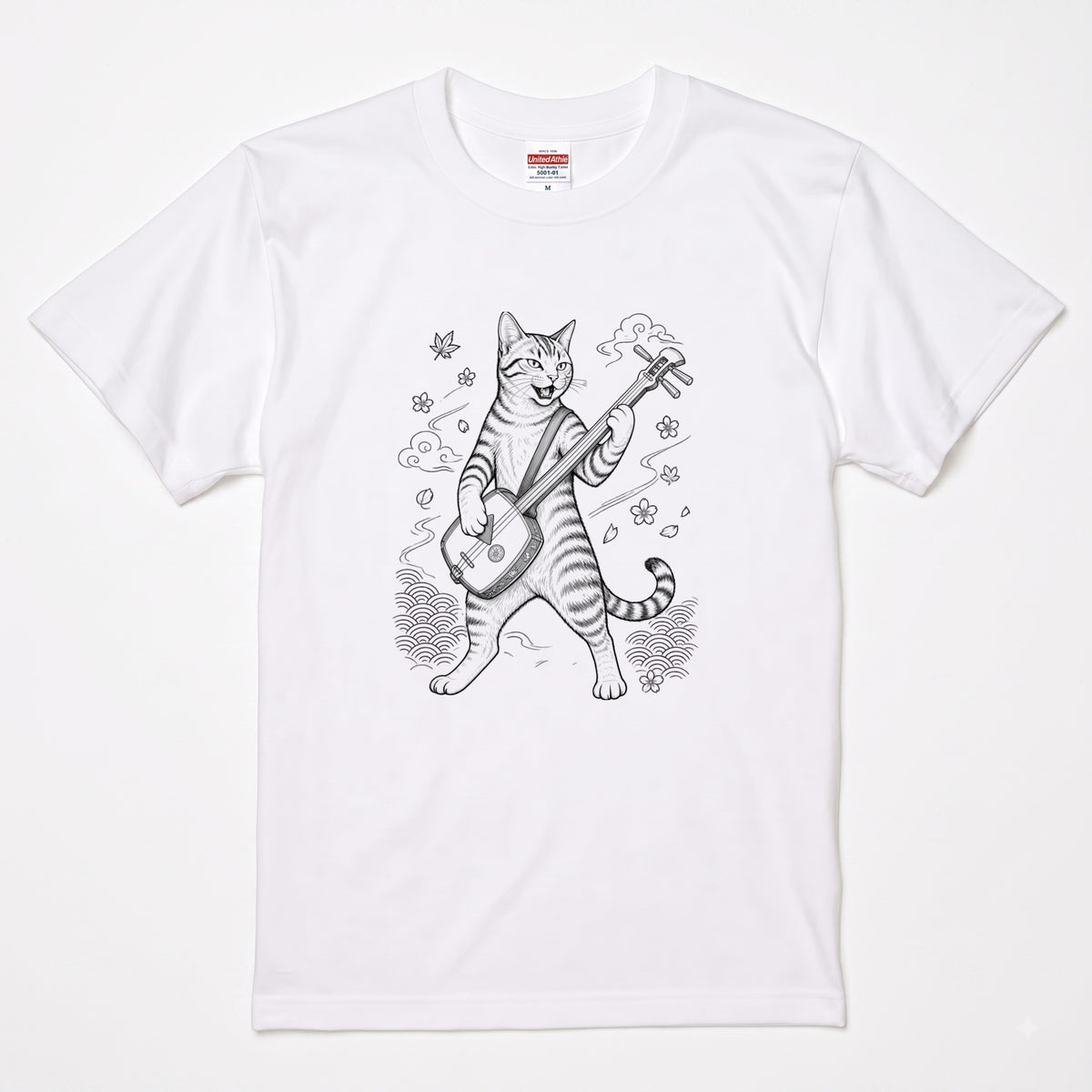 三味線猫 | 三味線 猫 和風 浮世絵風 イラスト Tシャツ【猫好き・和柄・伝統芸能・誕生日ギフトに最適】