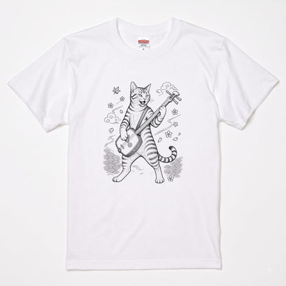 三味線猫 | 三味線 猫 和風 浮世絵風 イラスト Tシャツ【猫好き・和柄・伝統芸能・誕生日ギフトに最適】