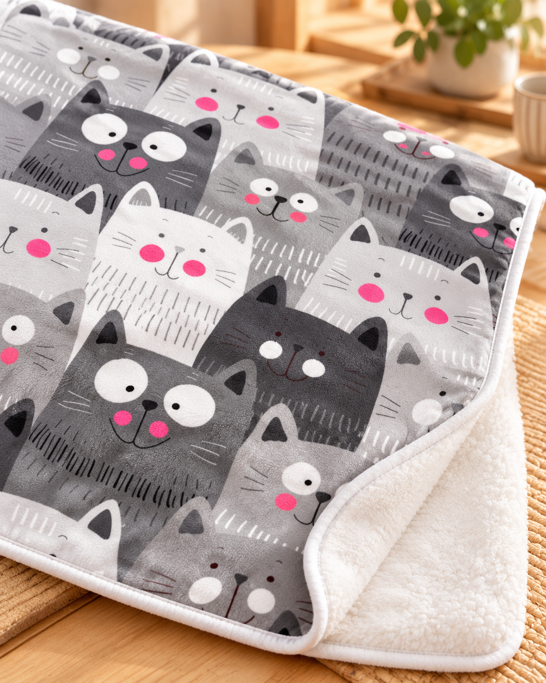 Cute Grey Cats Pattern かわいい猫ちゃん総柄 ブランケット ひざ掛け