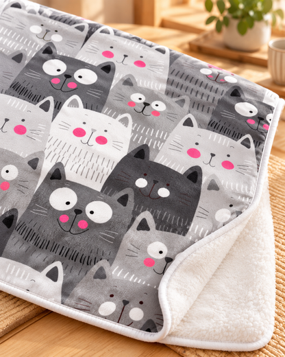 Cute Grey Cats Pattern かわいい猫ちゃん総柄 ブランケット ひざ掛け