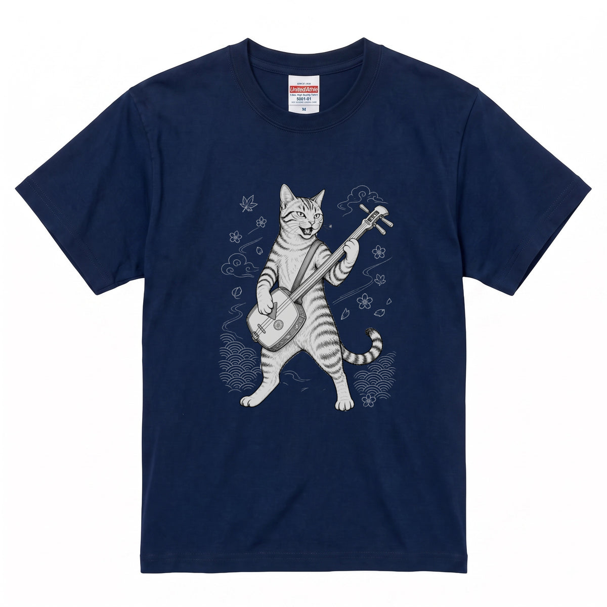 三味線猫 | 三味線 猫 和風 浮世絵風 イラスト Tシャツ【猫好き・和柄・伝統芸能・誕生日ギフトに最適】