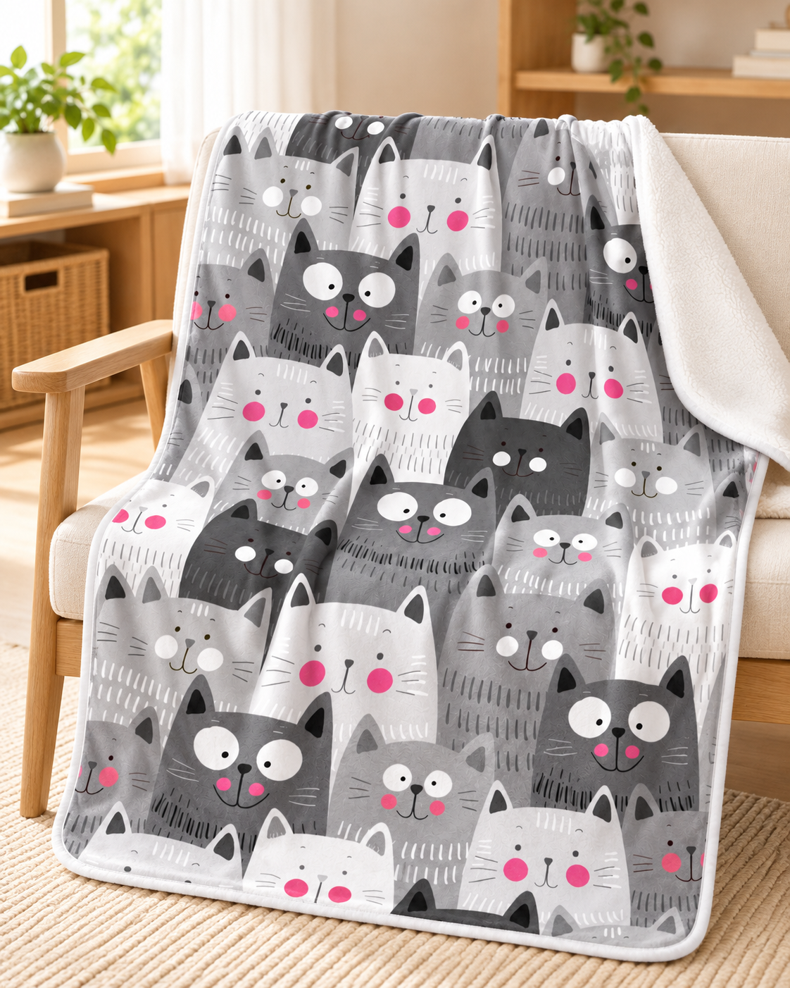 Cute Grey Cats Pattern かわいい猫ちゃん総柄 ブランケット ひざ掛け