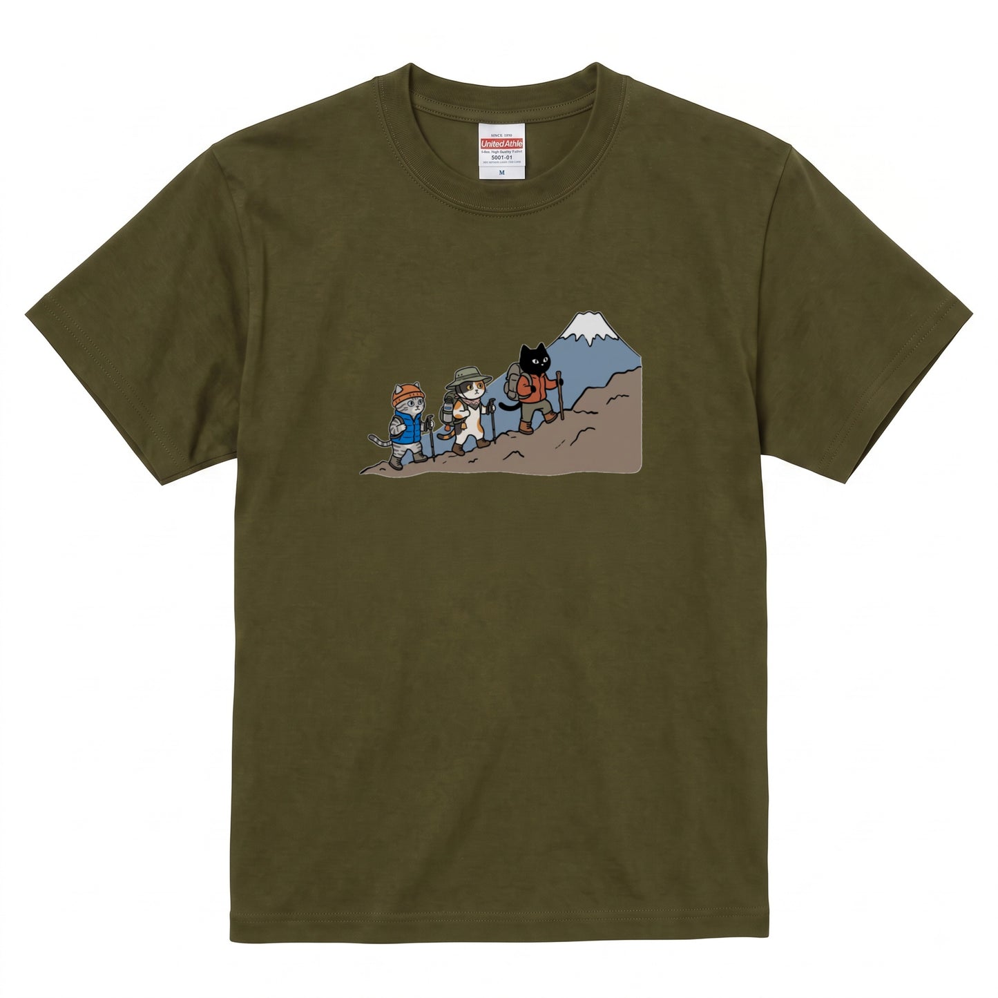 HIKING CATS | 手描き風 登山 猫 富士山グラフィック レジャー カジュアル Tシャツ【猫雑貨・山登りウェア・普段着・ユニセックス・ギフトに最適】