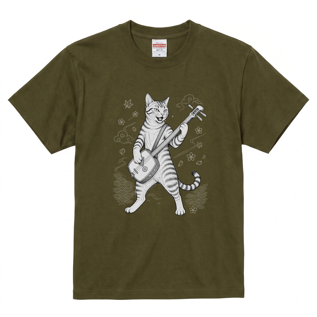 三味線猫 | 三味線 猫 和風 浮世絵風 イラスト Tシャツ【猫好き・和柄・伝統芸能・誕生日ギフトに最適】