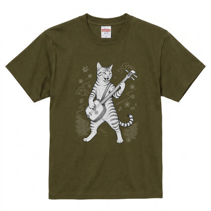 三味線猫 | 三味線 猫 和風 浮世絵風 イラスト Tシャツ【猫好き・和柄・伝統芸能・誕生日ギフトに最適】