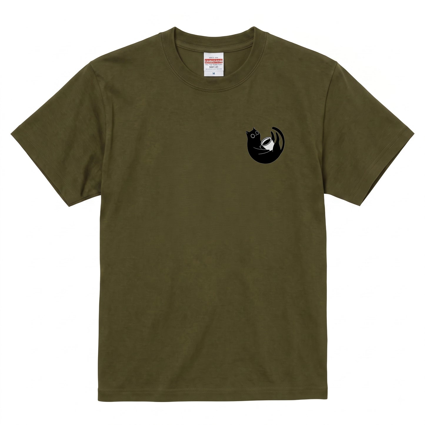 CAT & COFFEE | 手描き風 ワンポイント 黒猫 コーヒーカップ ミニマル グラフィック Tシャツ【猫雑貨・普段着・きれいめ・ユニセックス・ギフトに最適】