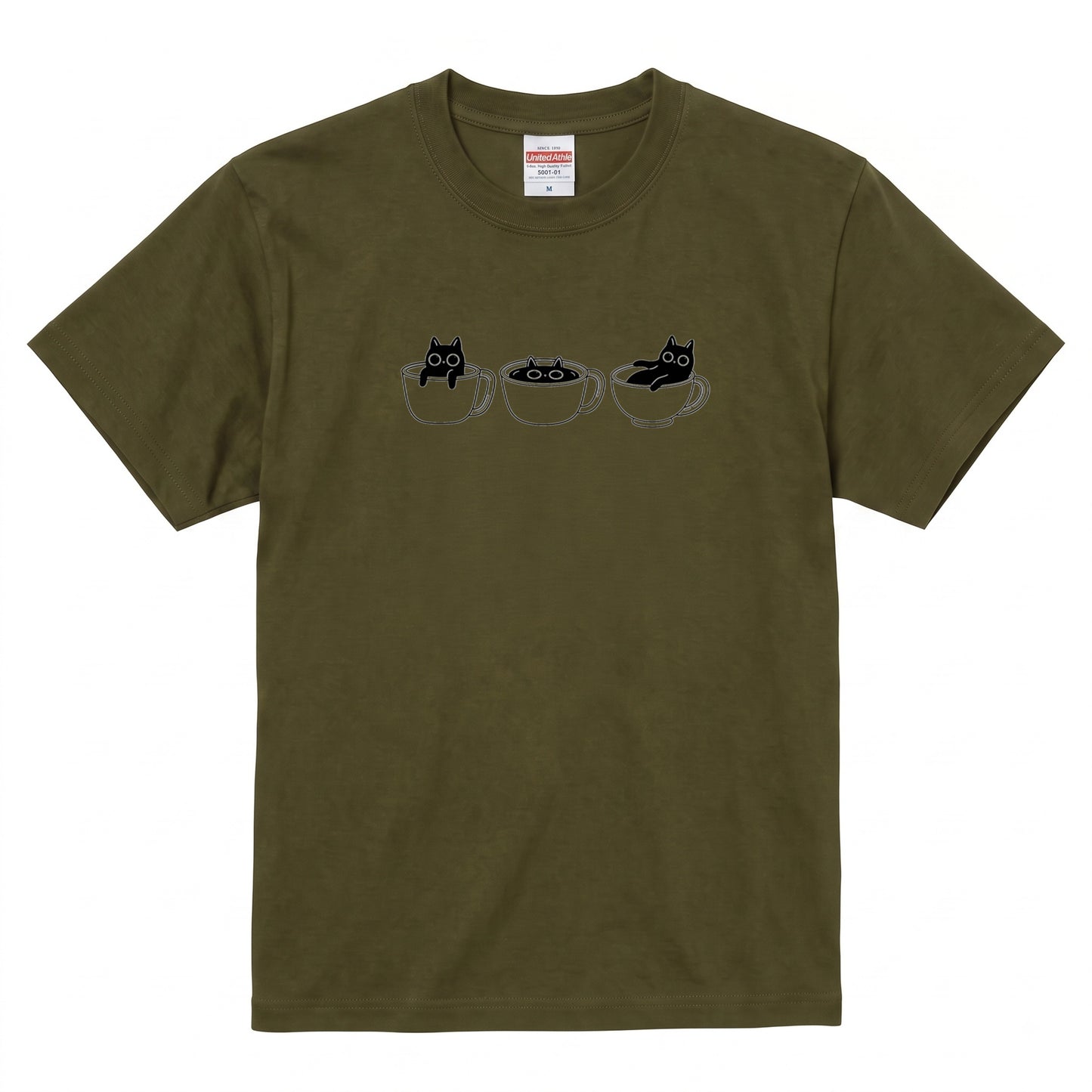 CAT IN CUP | 手描き風 シンプル 黒猫 コーヒー マグカップ グラフィック Tシャツ【猫雑貨・普段着・ルームウェア・ユニセックス・ギフトに最適】
