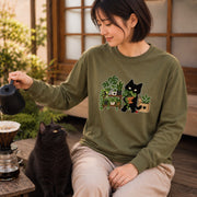 Houseplants Botanical Cat 観葉植物と黒猫 ロンT 長袖Tシャツ｜フロントプリント