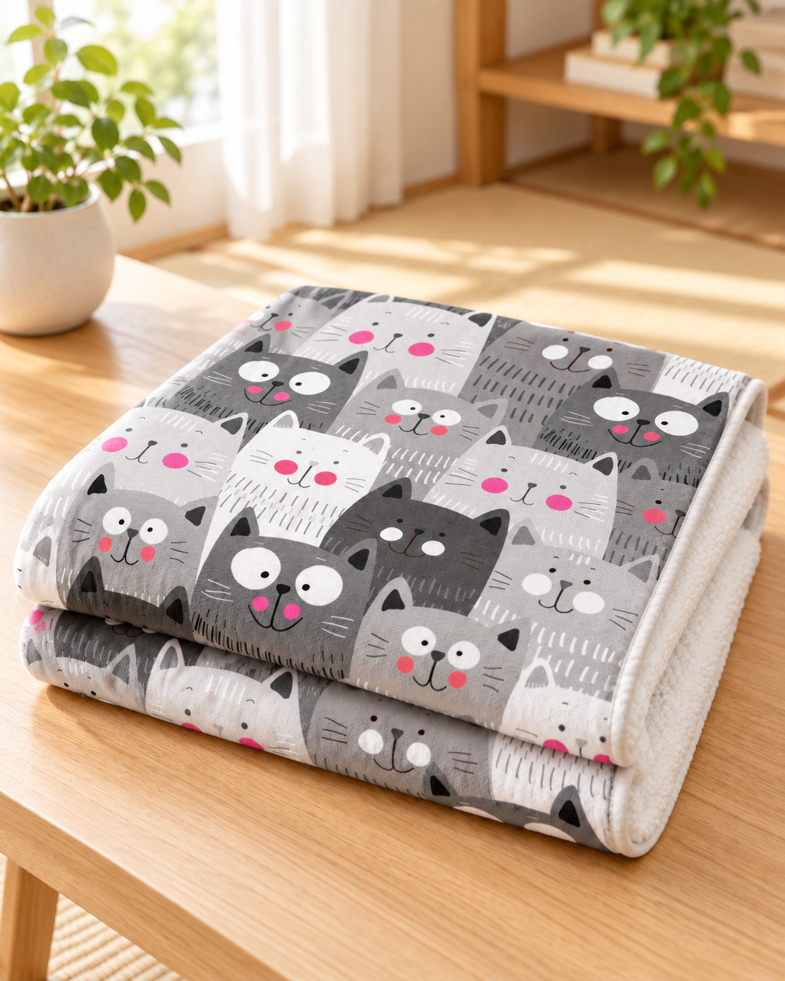 Cute Grey Cats Pattern かわいい猫ちゃん総柄 ブランケット ひざ掛け