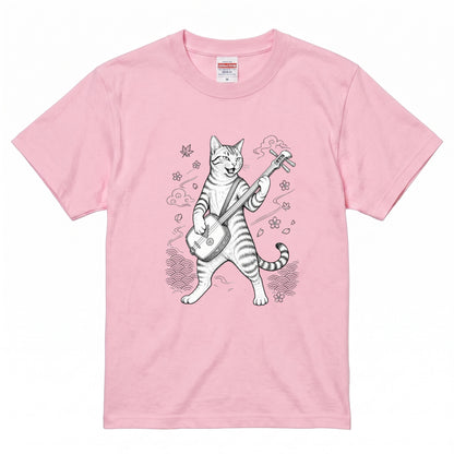 三味線猫 | 三味線 猫 和風 浮世絵風 イラスト Tシャツ【猫好き・和柄・伝統芸能・誕生日ギフトに最適】