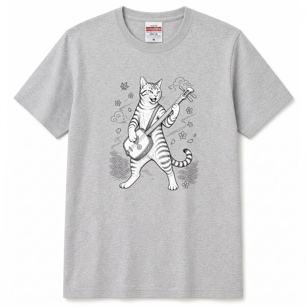 三味線猫 | 三味線 猫 和風 浮世絵風 イラスト Tシャツ【猫好き・和柄・伝統芸能・誕生日ギフトに最適】
