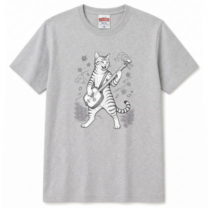 三味線猫 | 三味線 猫 和風 浮世絵風 イラスト Tシャツ【猫好き・和柄・伝統芸能・誕生日ギフトに最適】