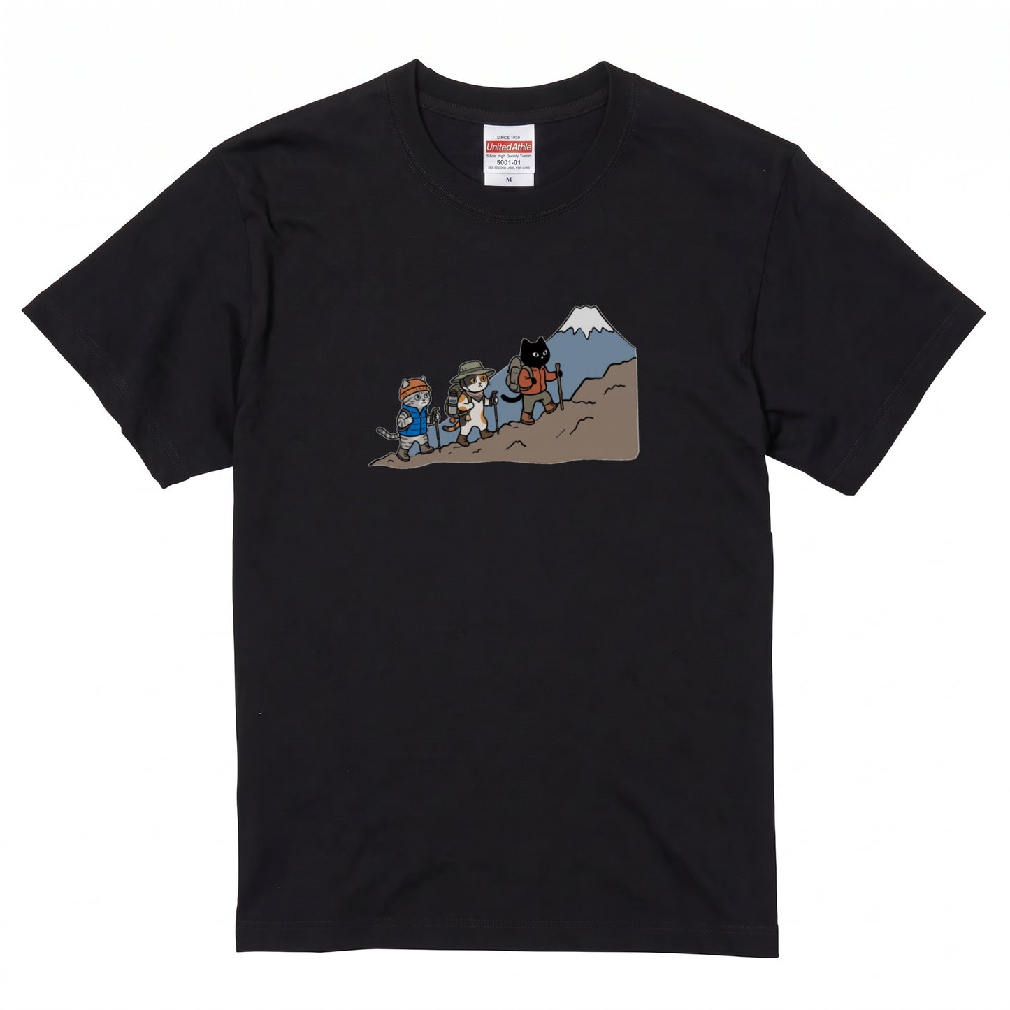 HIKING CATS | 手描き風 登山 猫 富士山グラフィック レジャー カジュアル Tシャツ【猫雑貨・山登りウェア・普段着・ユニセックス・ギフトに最適】
