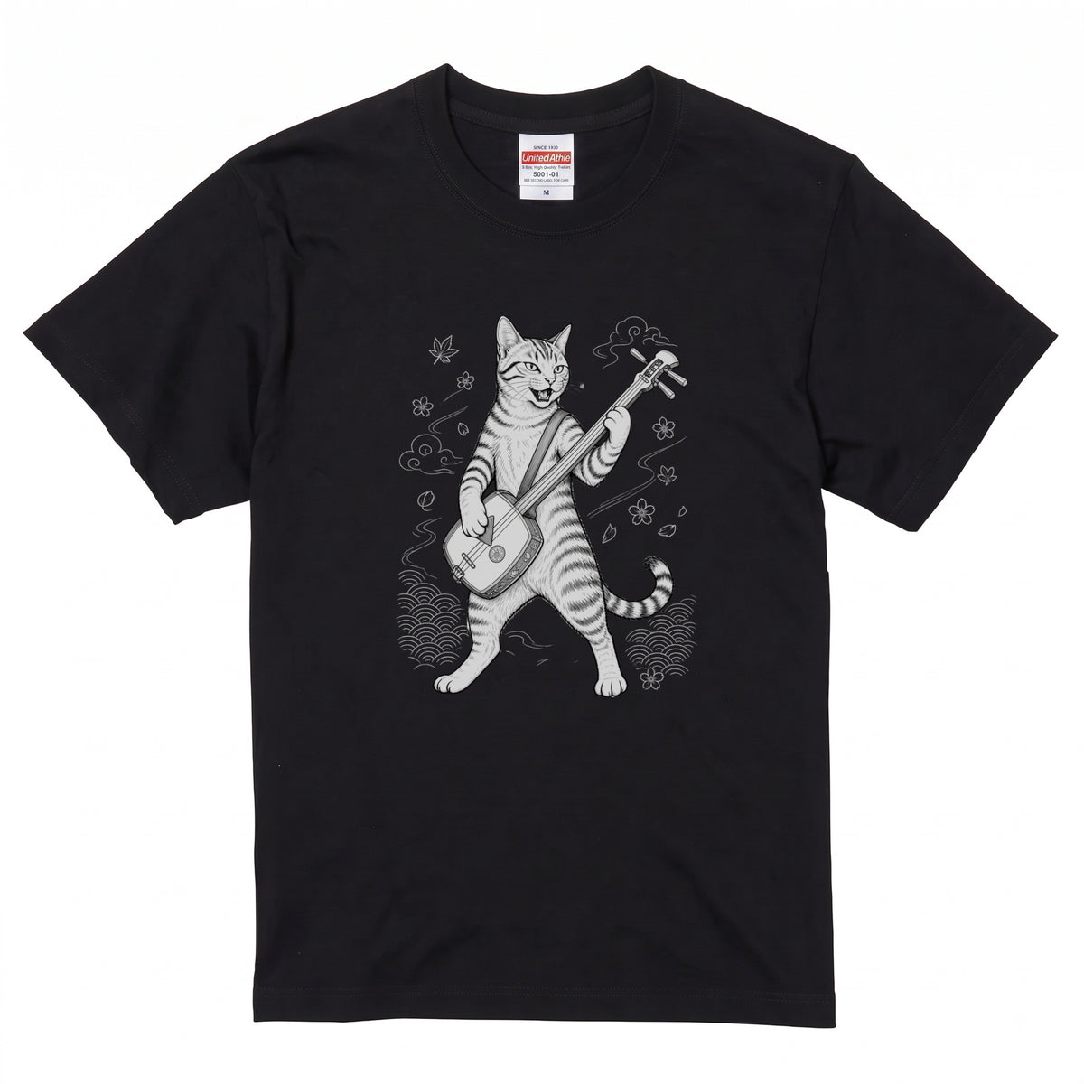三味線猫 | 三味線 猫 和風 浮世絵風 イラスト Tシャツ【猫好き・和柄・伝統芸能・誕生日ギフトに最適】