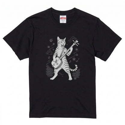 三味線猫 | 三味線 猫 和風 浮世絵風 イラスト Tシャツ【猫好き・和柄・伝統芸能・誕生日ギフトに最適】