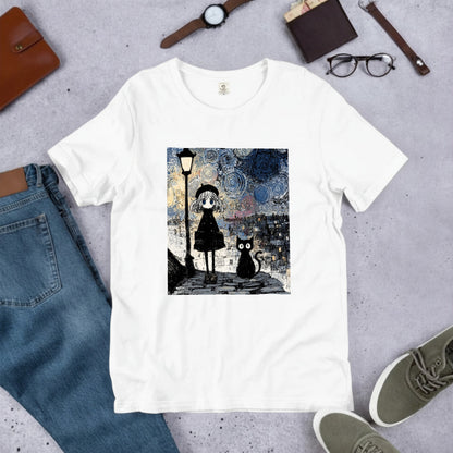星月夜と少女 黒猫 Tシャツ ｜ 猫好き・ゴッホ風・絵画・アニメ好きに人気