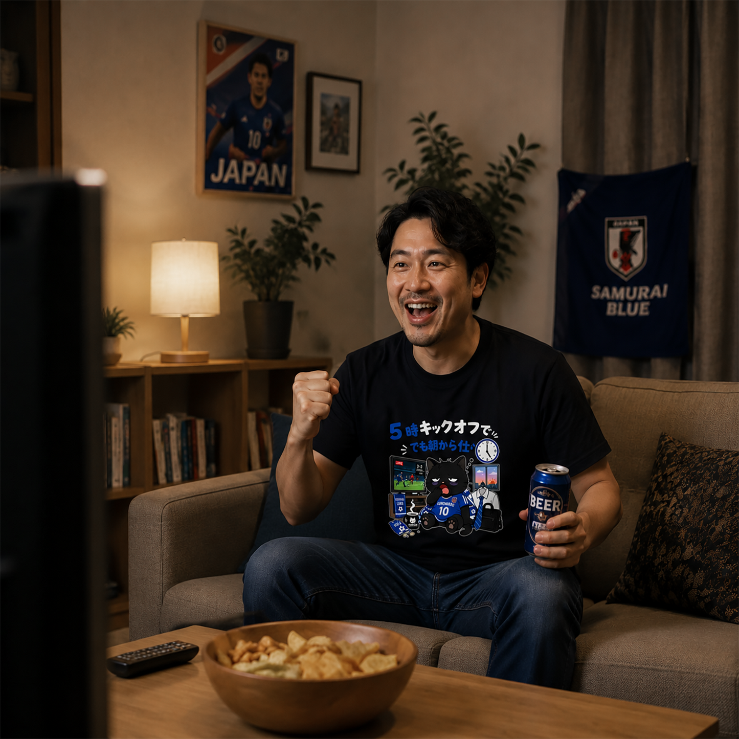 くろまるTシャツ｜5時キックオフでも朝から仕事｜ワールドカップ応援デザイン