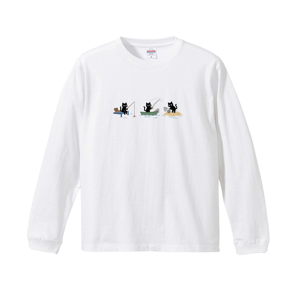 猫 長袖Tシャツ｜釣り黒猫 イラスト ｜ねこ ロンT メンズ レディース S-2XL