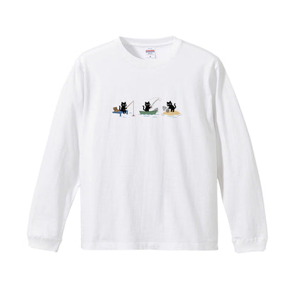 猫 長袖Tシャツ｜釣り黒猫 イラスト ｜ねこ ロンT メンズ レディース S-2XL